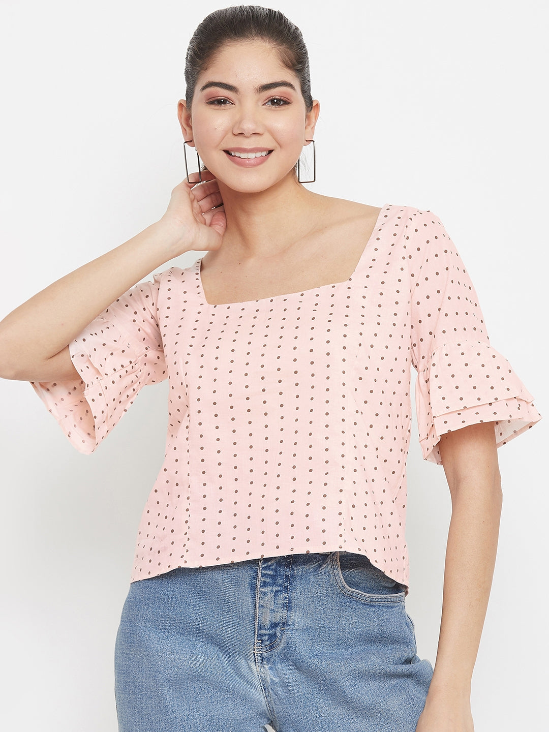 Cotton Brown Peach Polka Top