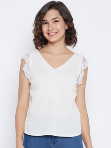 Self Weave Cotton Top with Flutter Lace Sleeve