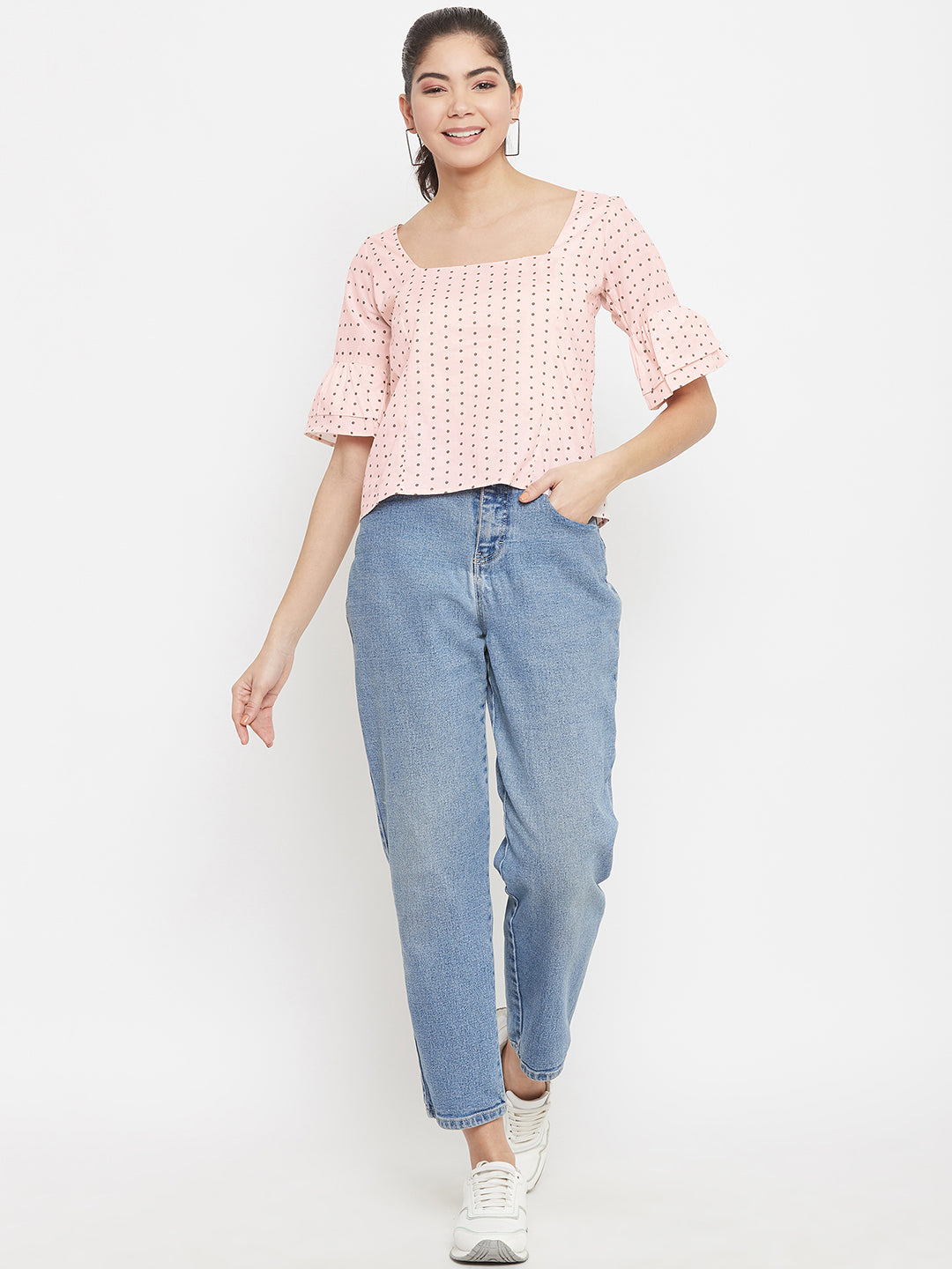 Cotton Brown Peach Polka Top