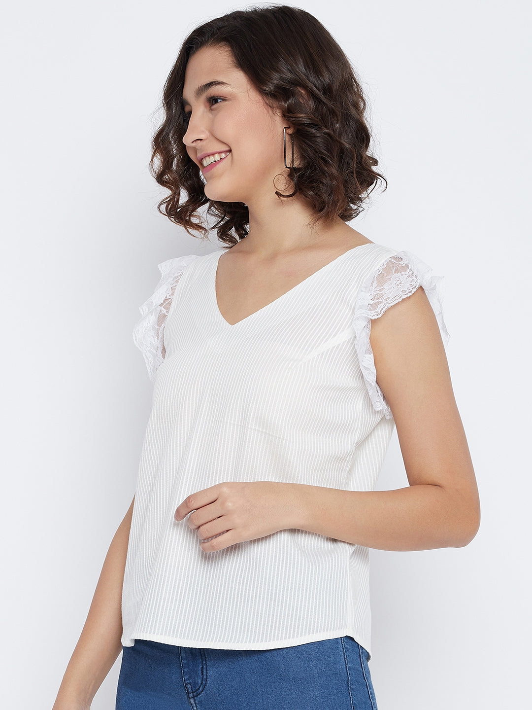 Self Weave Cotton Top with Flutter Lace Sleeve