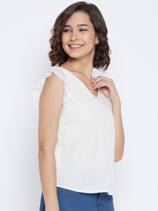 Self Weave Cotton Top with Flutter Lace Sleeve