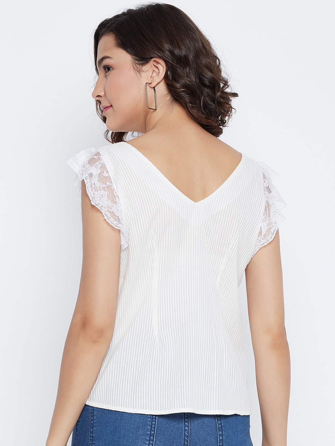 Self Weave Cotton Top with Flutter Lace Sleeve