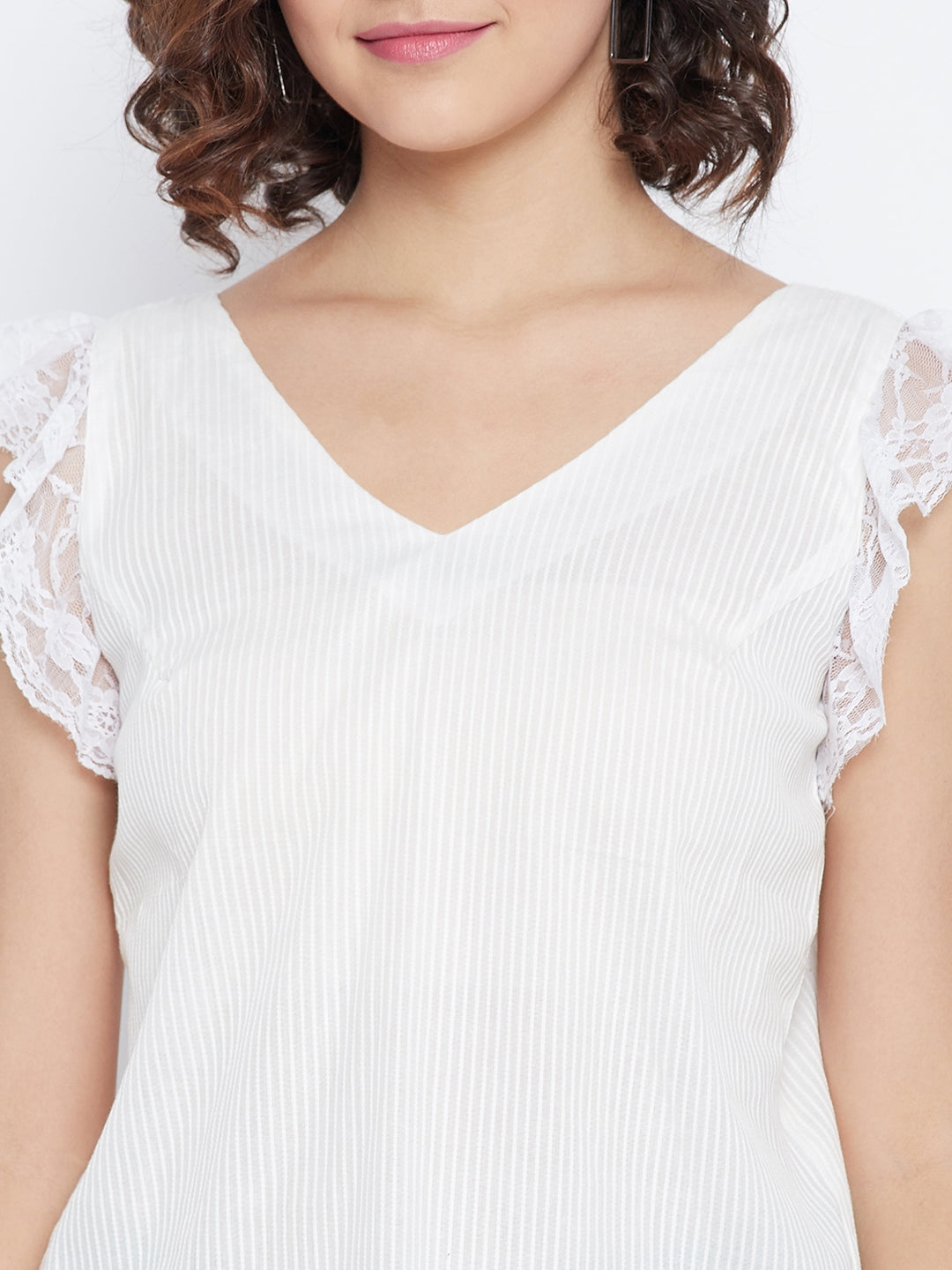 Self Weave Cotton Top with Flutter Lace Sleeve