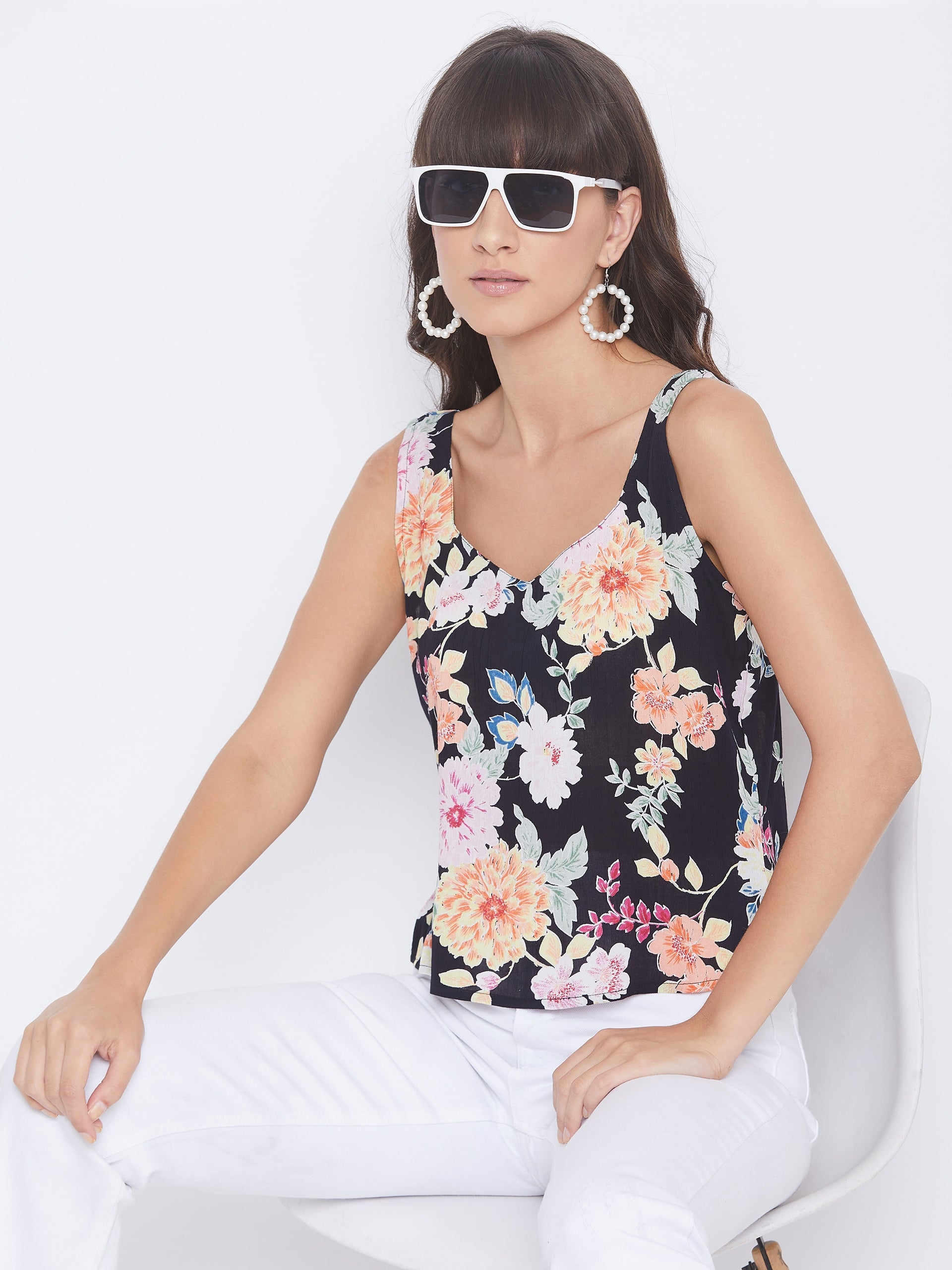 Black & White Floral Cotton Tank Top