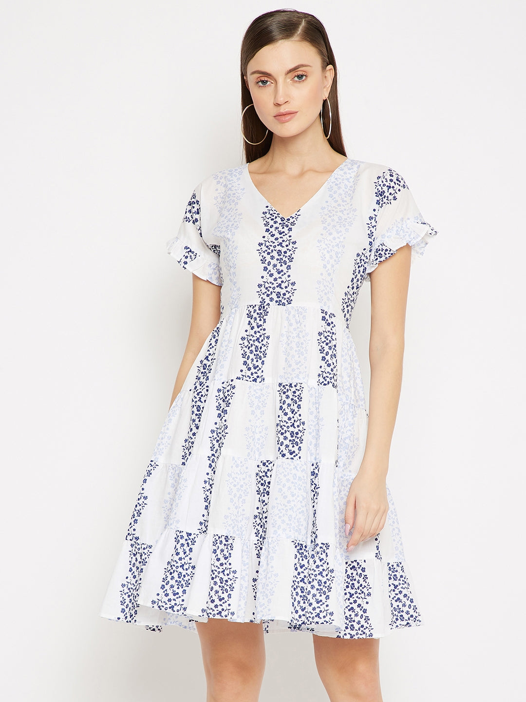 White & Blue Floral A-Line Dress