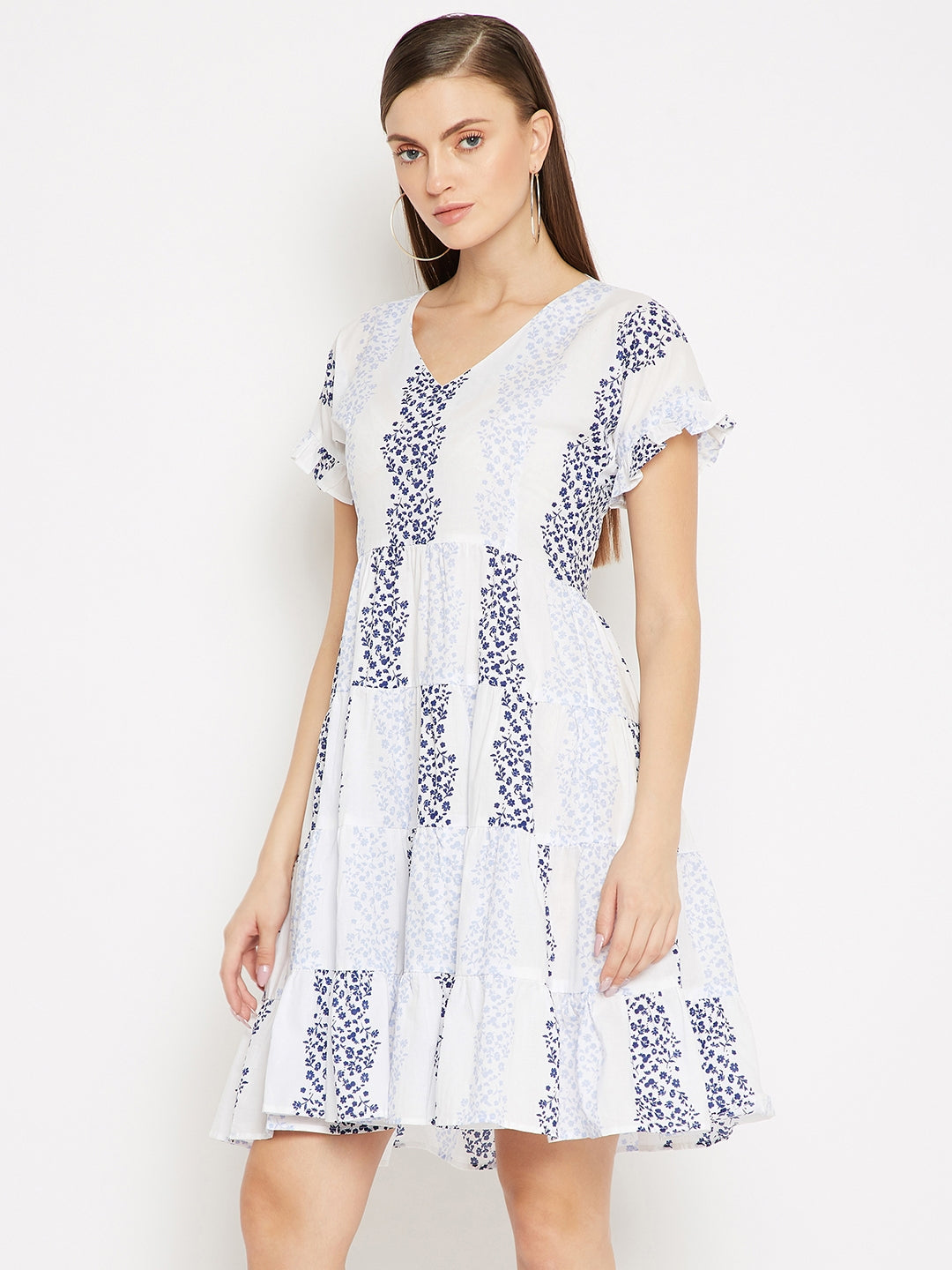 White & Blue Floral A-Line Dress