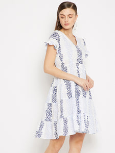 White & Blue Floral A-Line Dress