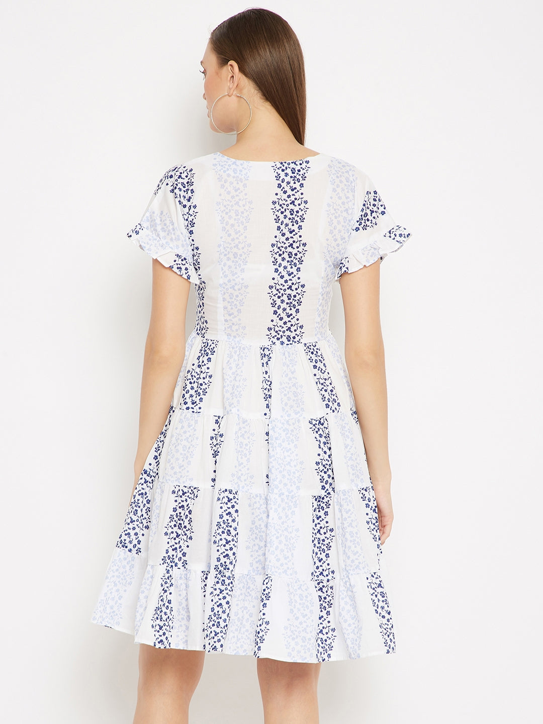 White & Blue Floral A-Line Dress