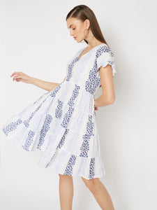 White & Blue Floral A-Line Dress