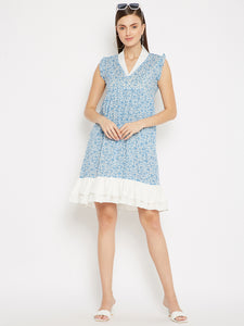 White & Blue Floral Empire Dress