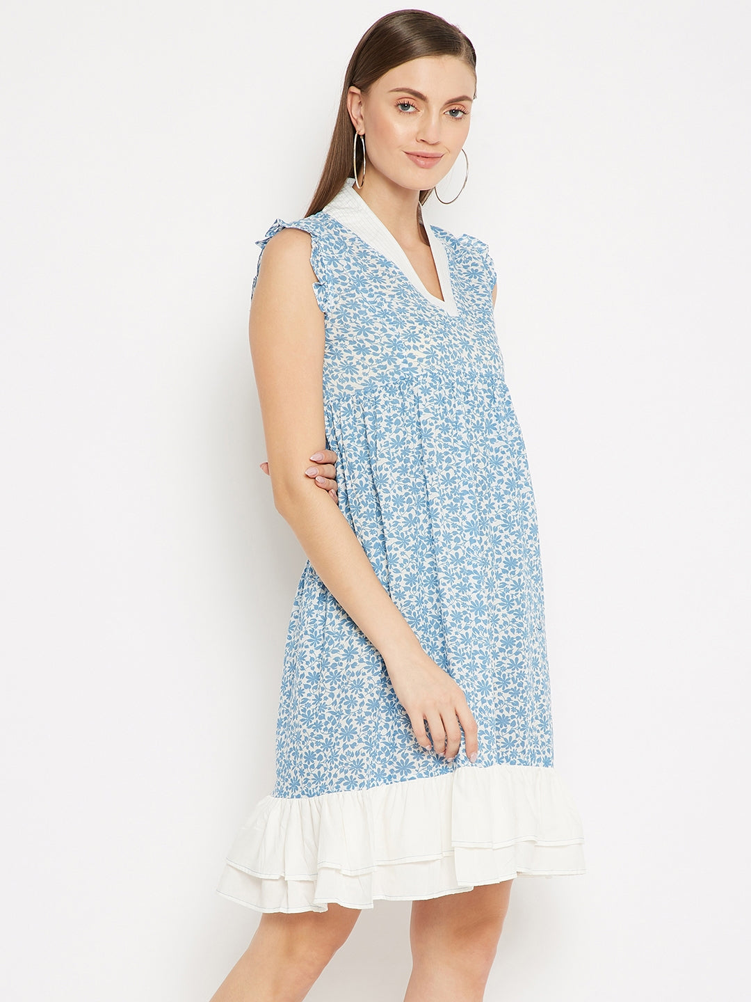 White & Blue Floral Empire Dress