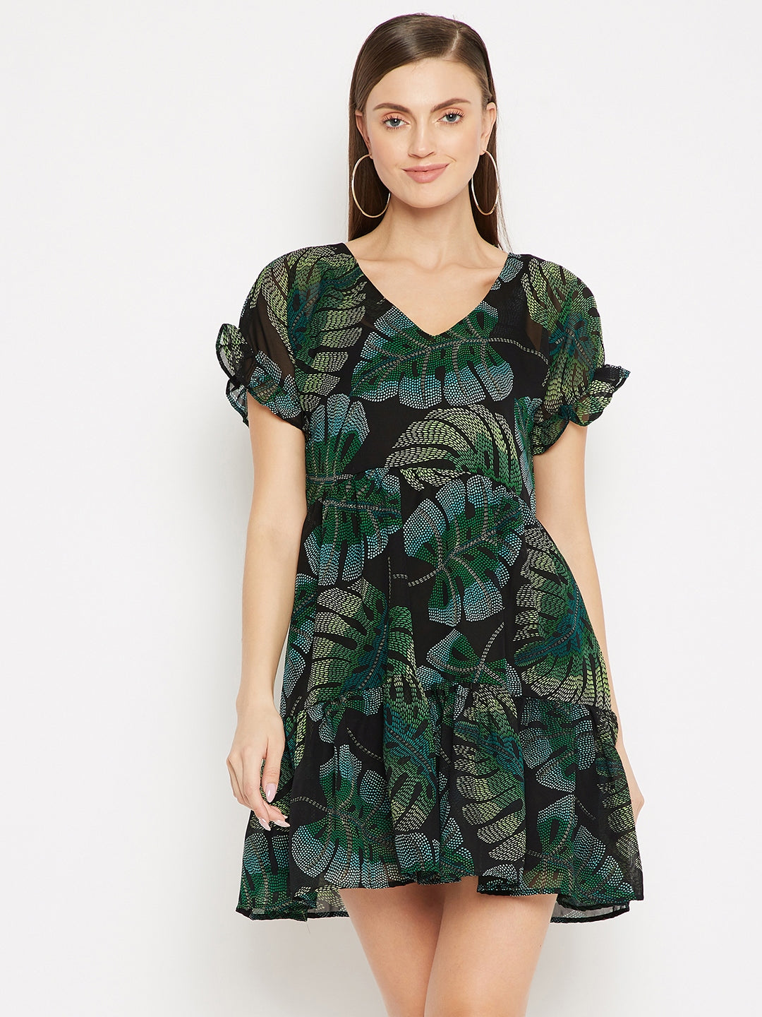 Black Tropical Print Georgette A-Line Dress