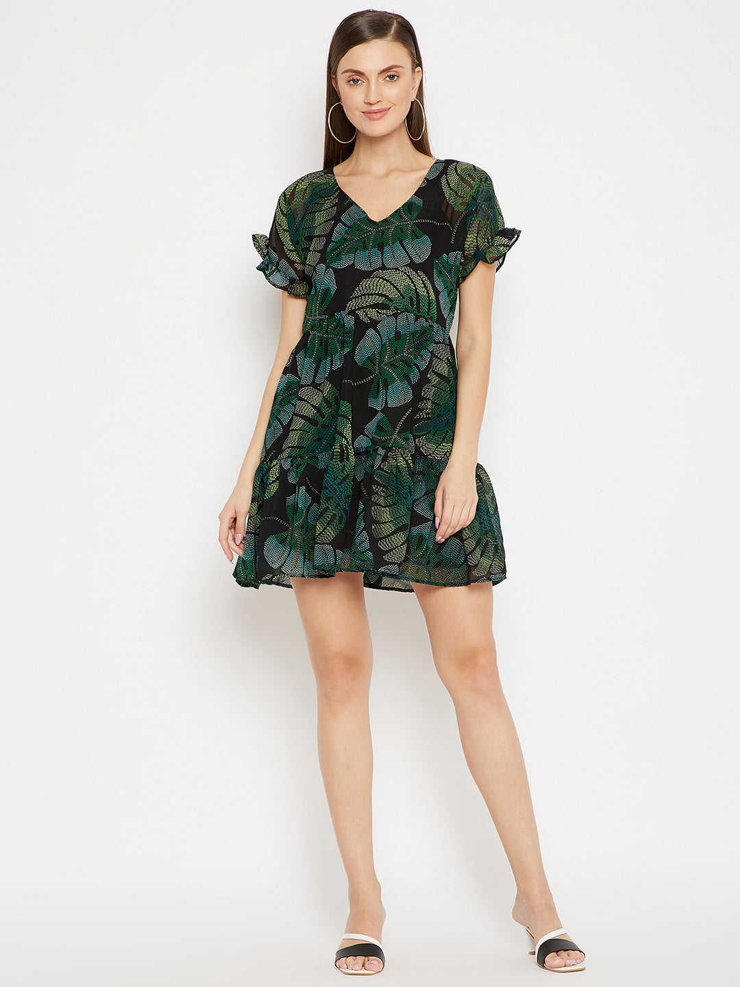 Black Tropical Print Georgette A-Line Dress