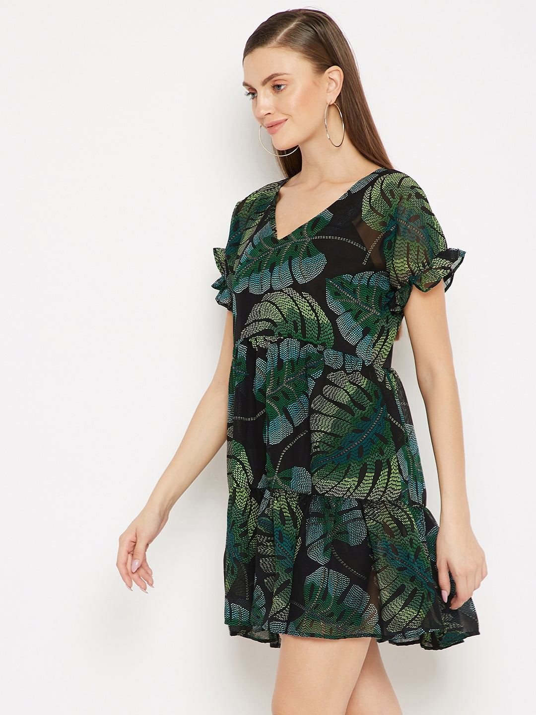 Black Tropical Print Georgette A-Line Dress