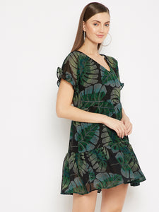 Black Tropical Print Georgette A-Line Dress