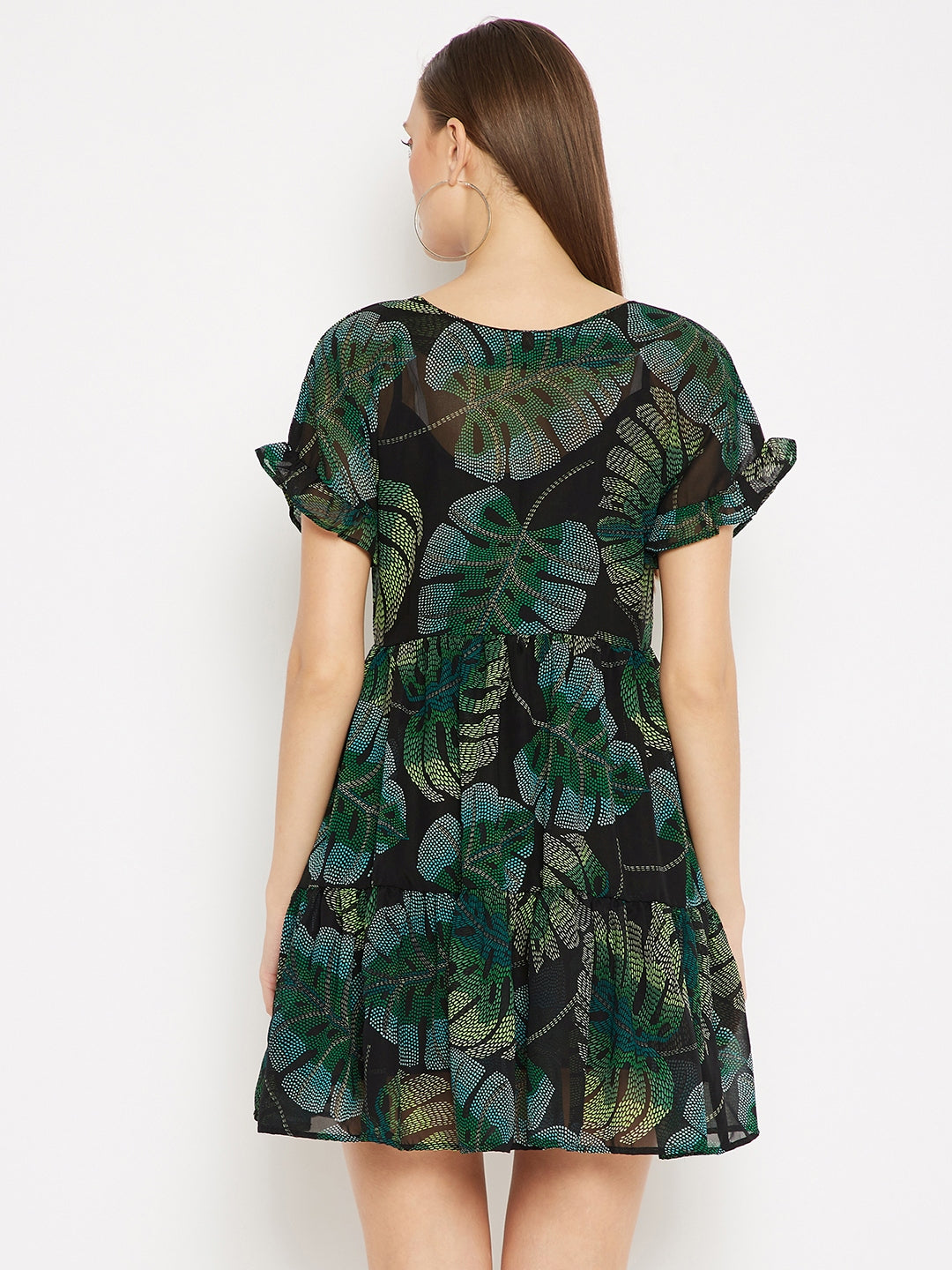 Black Tropical Print Georgette A-Line Dress