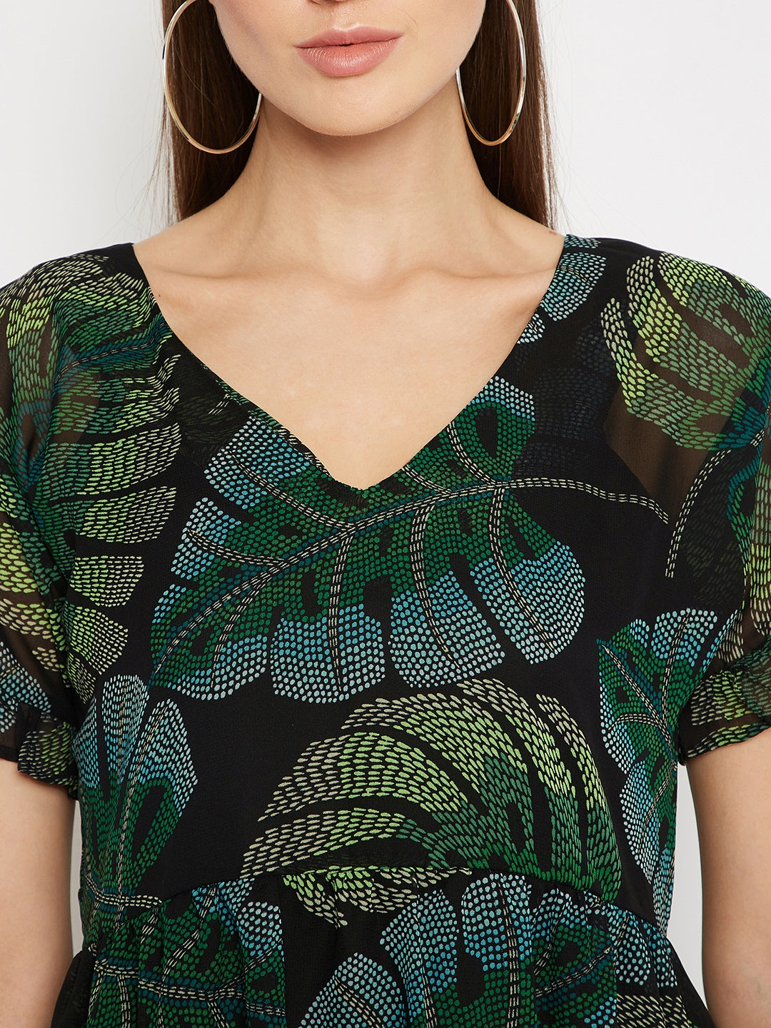 Black Tropical Print Georgette A-Line Dress