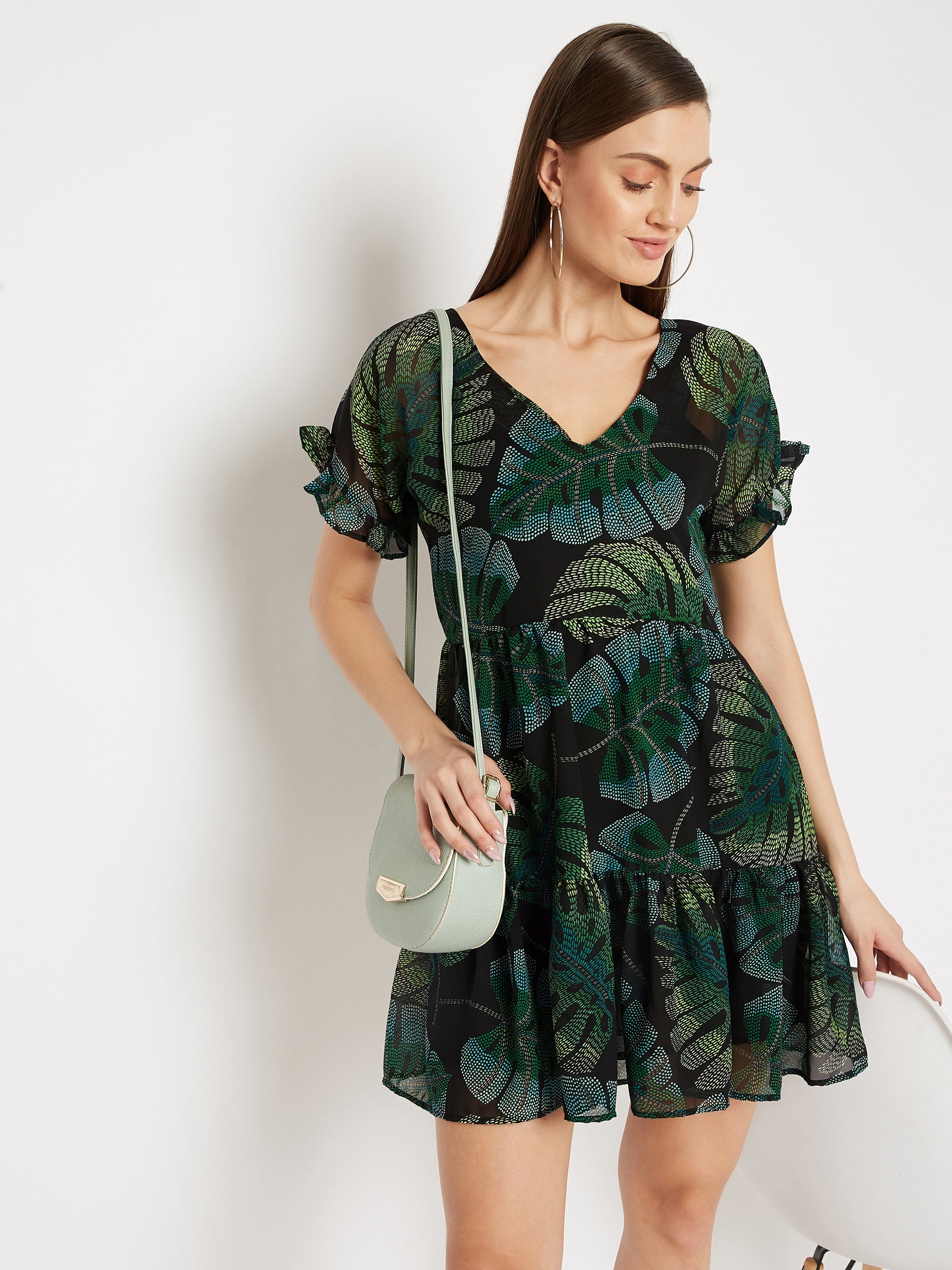 Black Tropical Print Georgette A-Line Dress