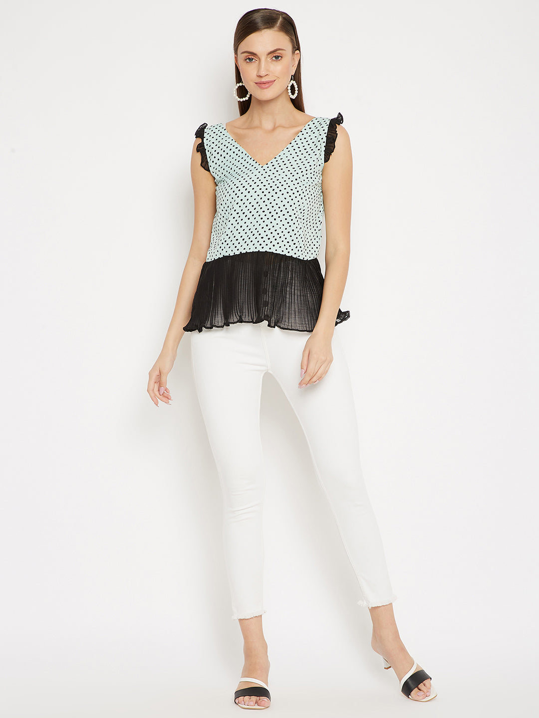 Polka Dot Peplum Top with Accordion pleats