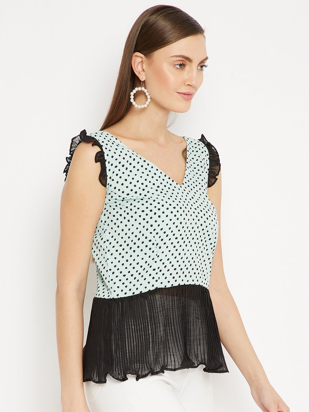 Polka Dot Peplum Top with Accordion pleats