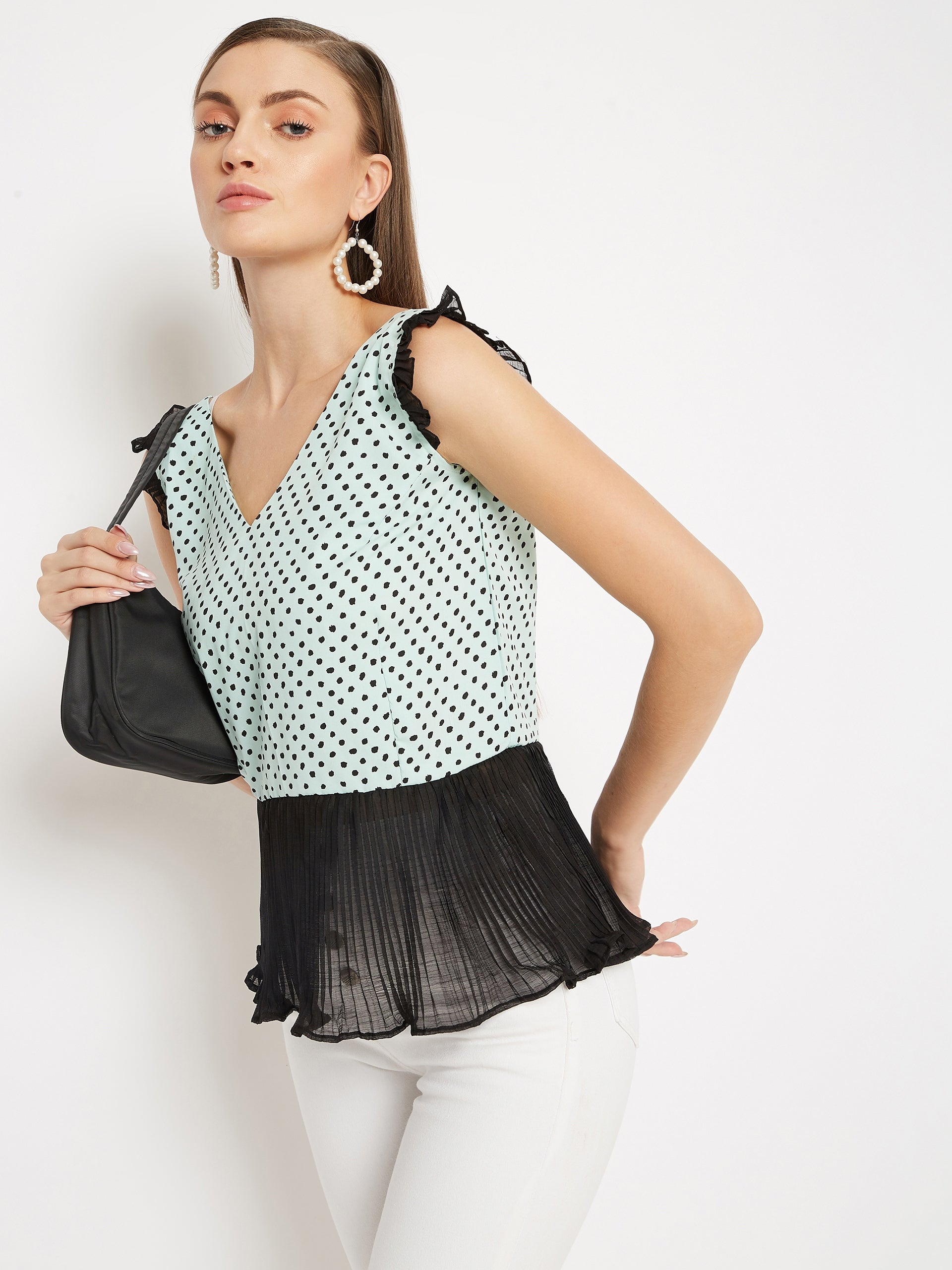 Polka Dot Peplum Top with Accordion pleats